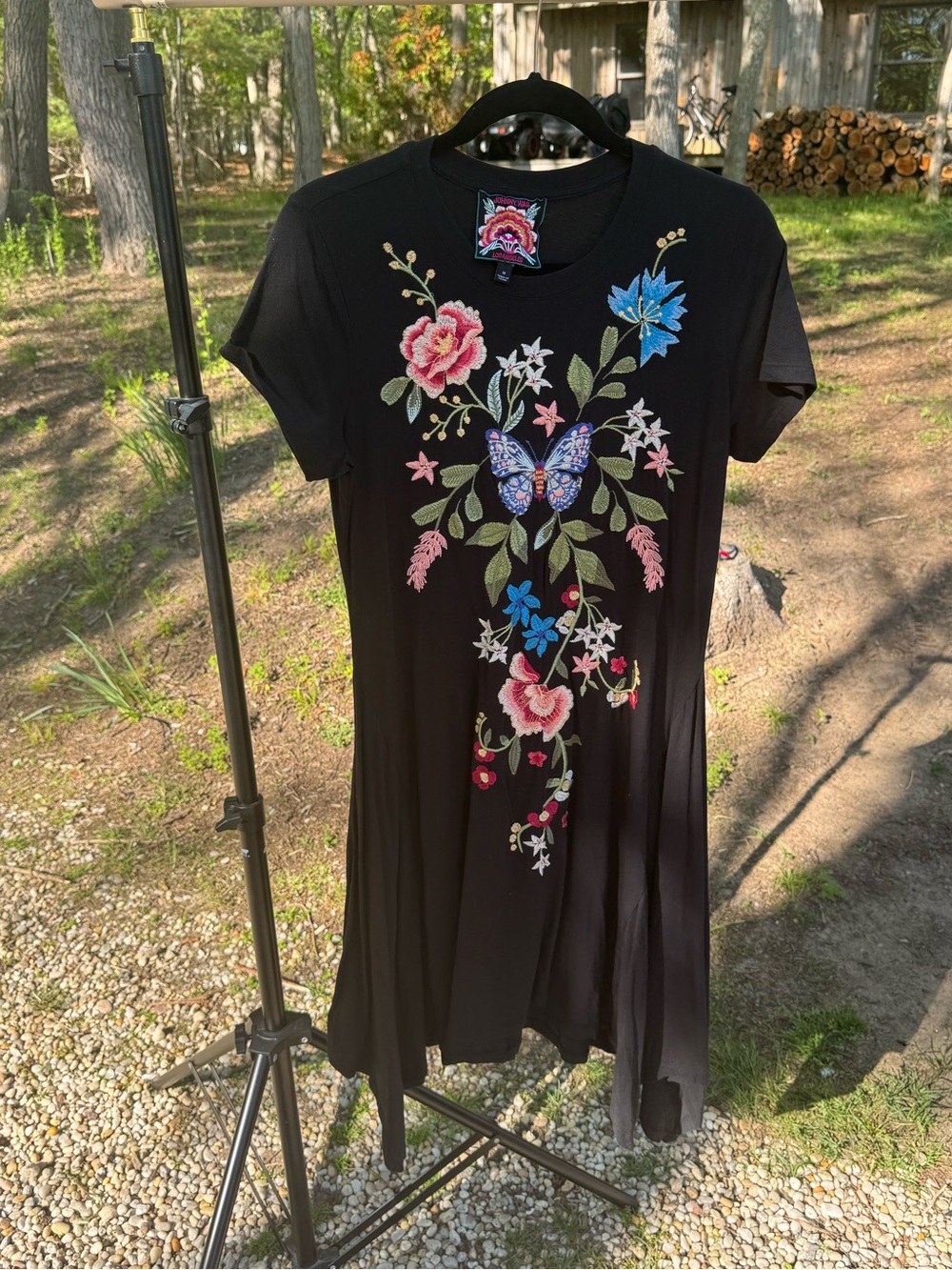 Johnny Was Black Floral Embroidered T-Shirt Dress with Butterfly